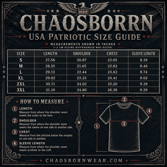 Chaosborn USA Patriotic Size Guide with measurements and a diagram of how to measure a shirt.
