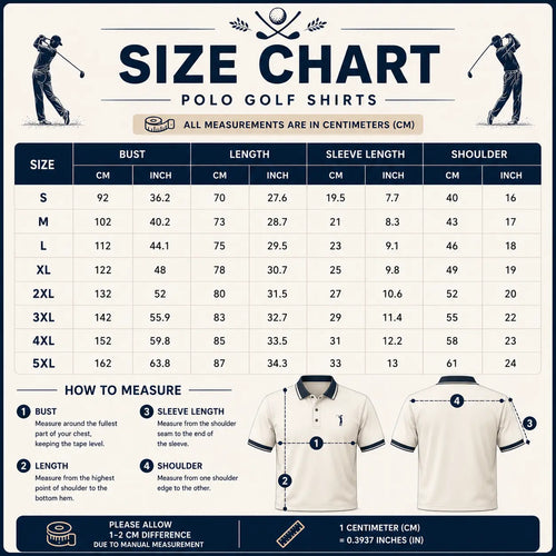 Size chart for polo golf shirts with measurements in centimeters and inches.