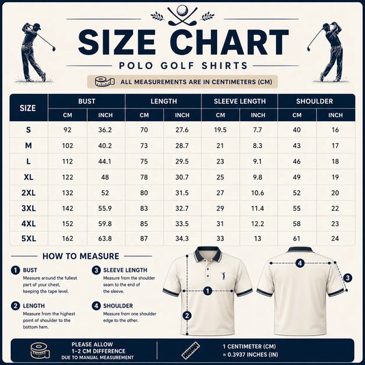 Size chart for polo golf shirts with measurements in centimeters and inches.
