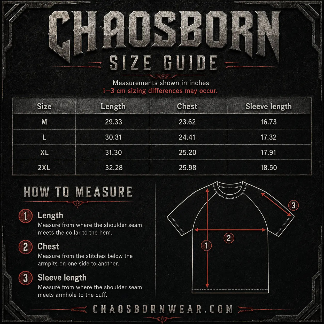 Chaosborn size guide for clothing with measurements in inches.