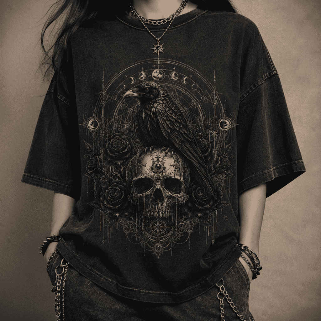 Oversized Gothic Shirt Raven Skull Moon CHAOSBORN - Chaos Born