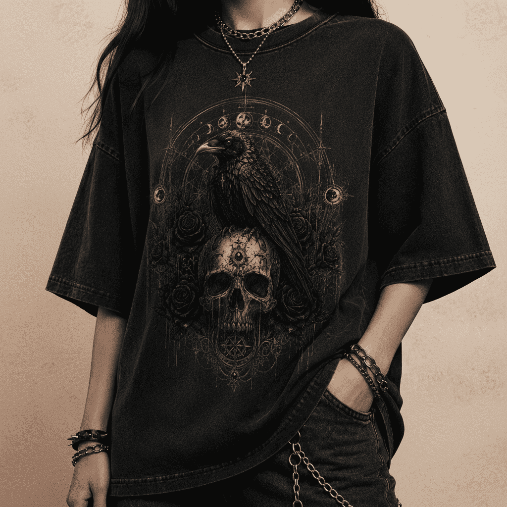 Oversized Gothic Shirt Raven Skull Moon CHAOSBORN - Chaos Born