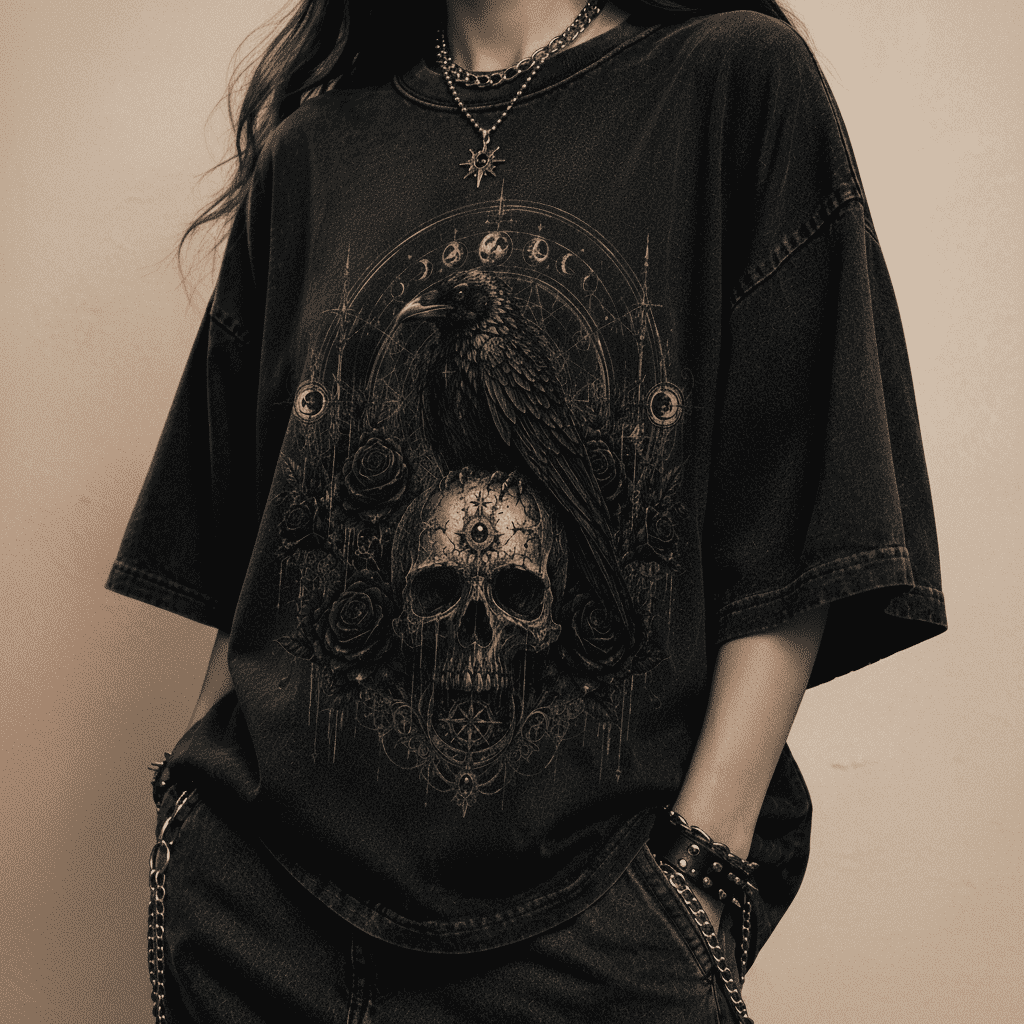 Oversized Gothic Shirt Raven Skull Moon CHAOSBORN - Chaos Born