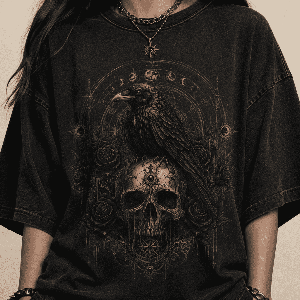 Oversized Gothic Shirt Raven Skull Moon CHAOSBORN - Chaos Born