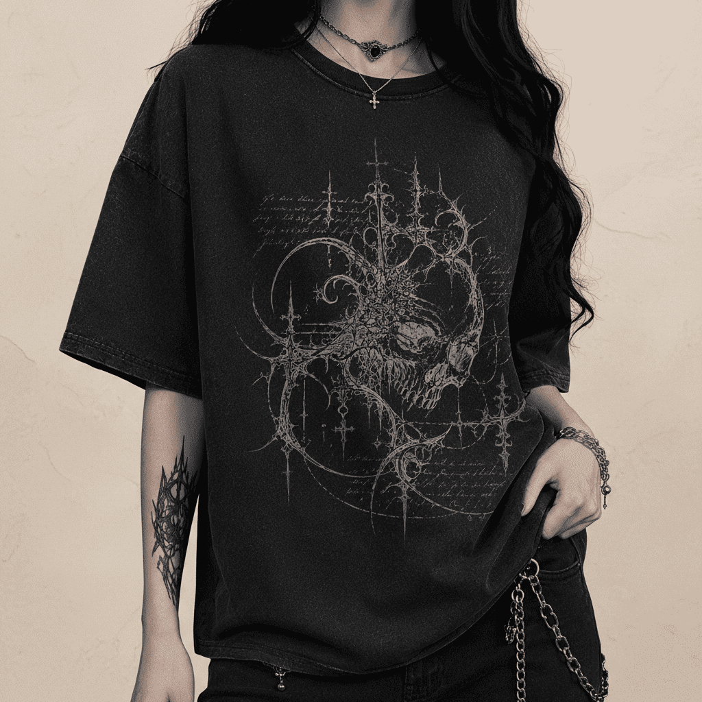 Person wearing a black t-shirt with intricate design on a dark background