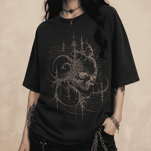Person wearing a black t-shirt with a detailed design on a dark background
