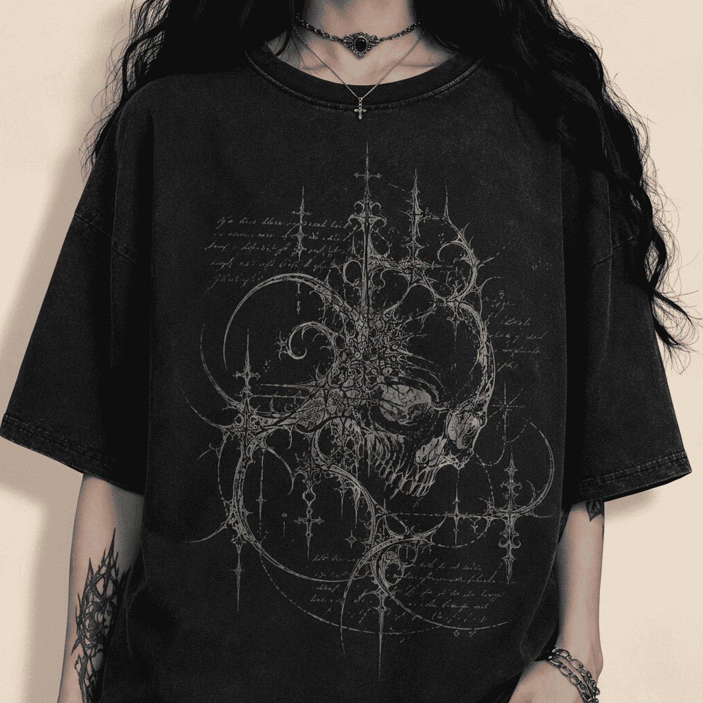 Person wearing a black t-shirt with intricate design on a dark background