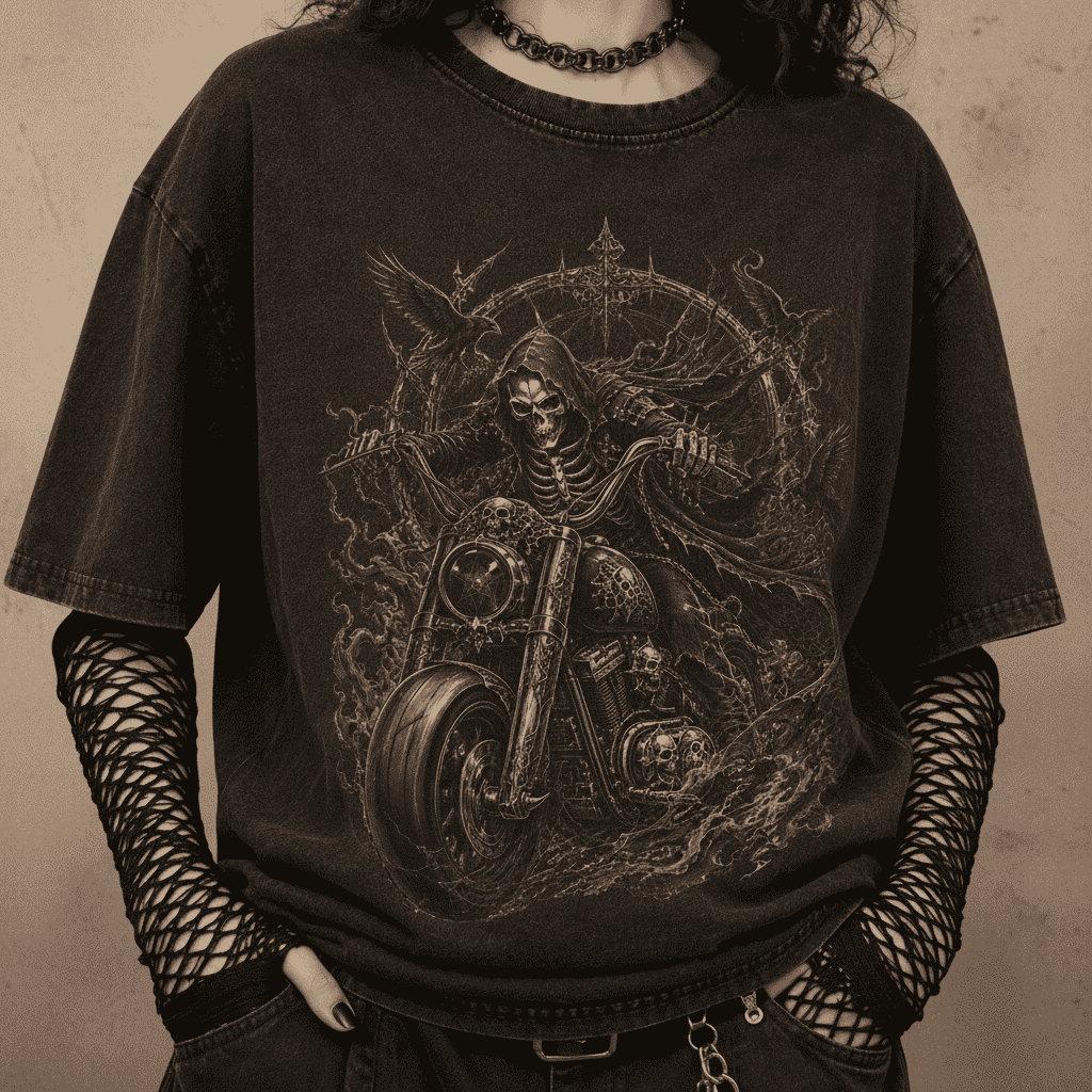 Oversized Gothic Shirt Grim Reaper Skull Rider CHAOSBORN - Chaos Born