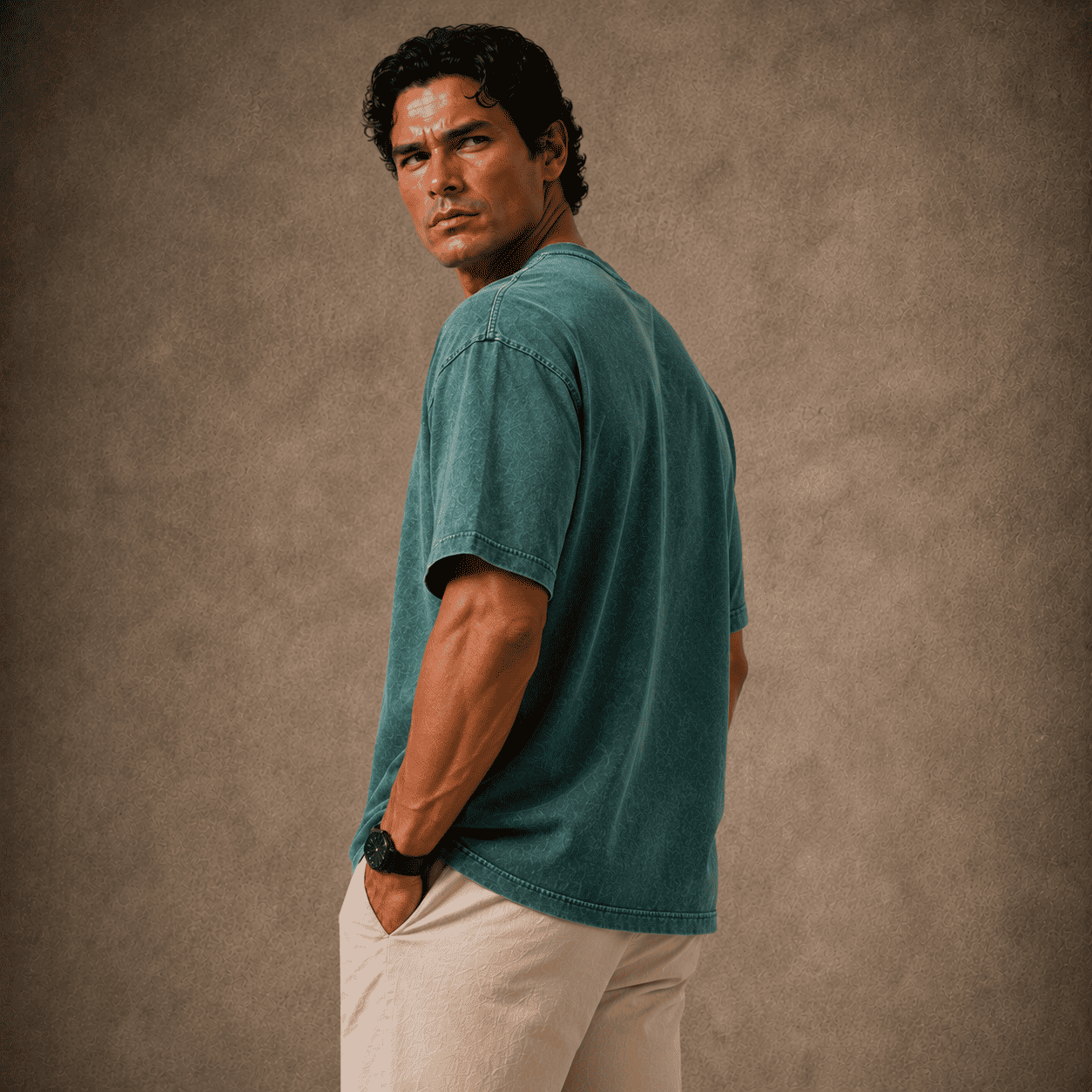 Man wearing a teal shirt and beige pants against a brown background