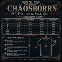 Chaosborn USA Patriotic Size Guide with measurements and a diagram of how to measure a shirt.