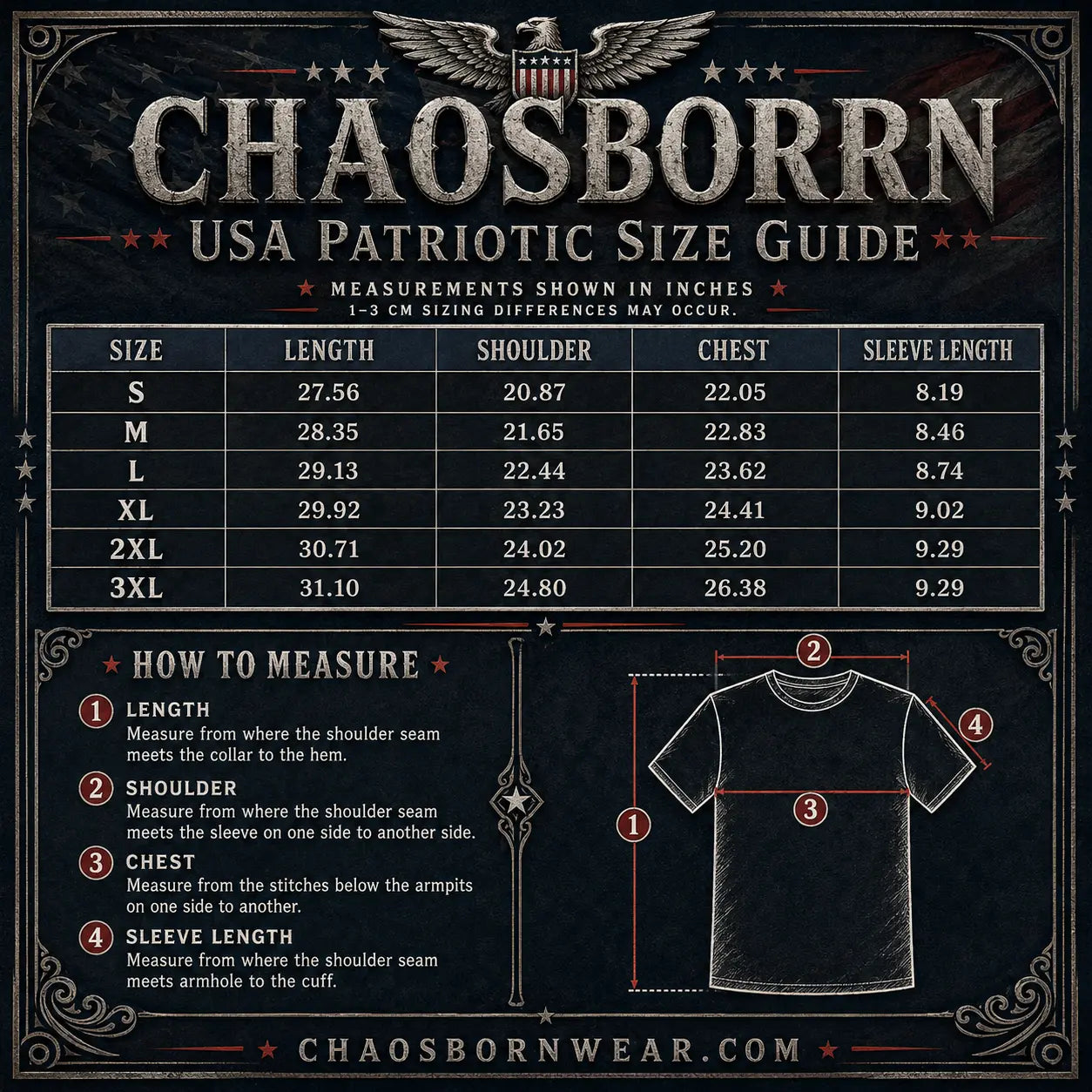 Chaosborn USA Patriotic Size Guide with measurements and a diagram of how to measure a shirt.