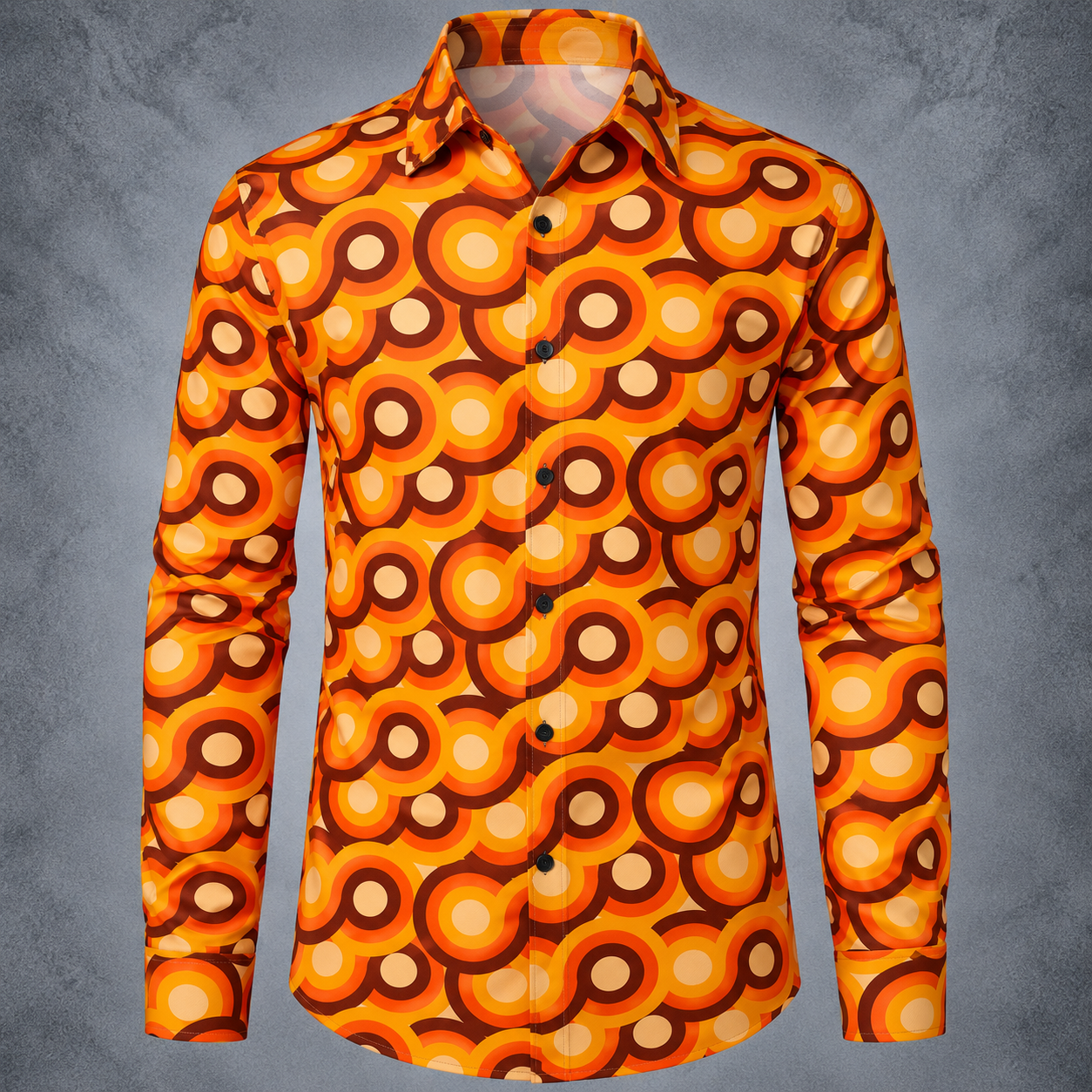 A long-sleeve button-up shirt with a bold retro 70s-style circular concentric pattern in orange, yellow, brown, and cream, displayed on a gray textured background.