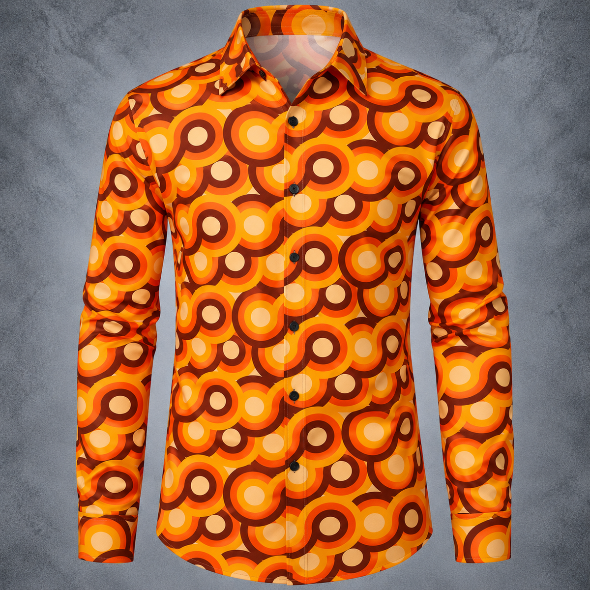 A long-sleeve button-up shirt with a bold retro 70s-style circular concentric pattern in orange, yellow, brown, and cream, displayed on a gray textured background.