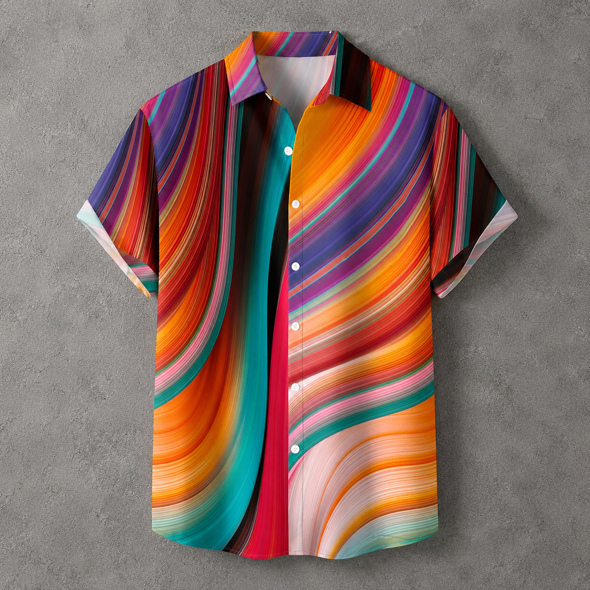 A short-sleeve button-up shirt with a vibrant, multicolored abstract wavy stripe pattern, displayed against a textured gray background.