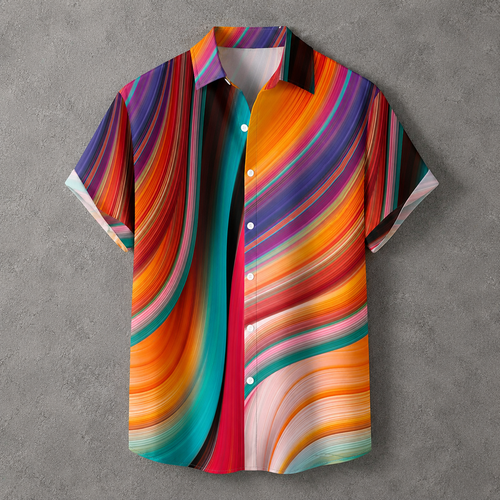 A short-sleeve button-up shirt with a vibrant, multicolored abstract wavy stripe pattern, displayed against a textured gray background.