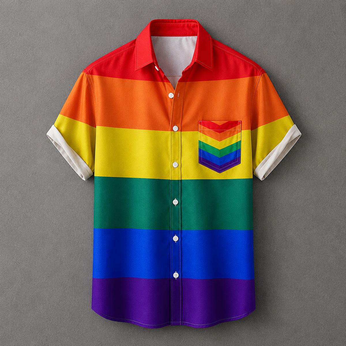 A short-sleeve button-up shirt with horizontal rainbow stripes in red, orange, yellow, green, blue, and purple, featuring a matching rainbow-striped chest pocket and white button closures, displayed against a textured gray background.