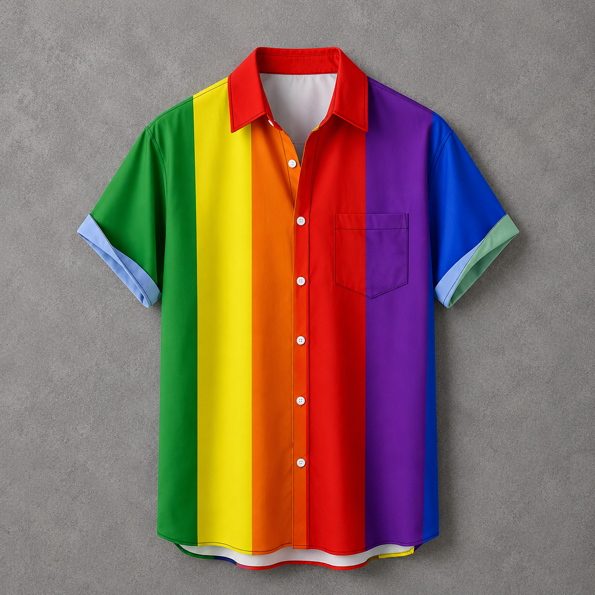 A short-sleeve button-up shirt with vertical rainbow stripes in green, yellow, orange, red, purple, and blue, featuring a red collar, white buttons, and a left chest pocket, displayed flat against a textured gray background.