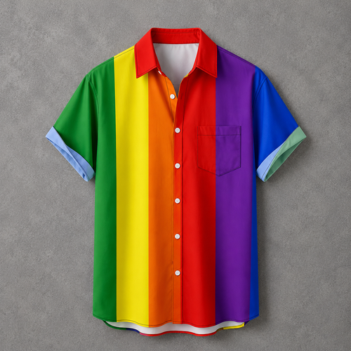 A short-sleeve button-up shirt with vertical rainbow stripes in green, yellow, orange, red, purple, and blue, featuring a red collar, white buttons, and a left chest pocket, displayed flat against a textured gray background.
