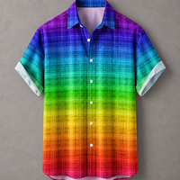 A short-sleeve button-up shirt with a vibrant rainbow gradient plaid pattern, laid flat against a neutral gray background.