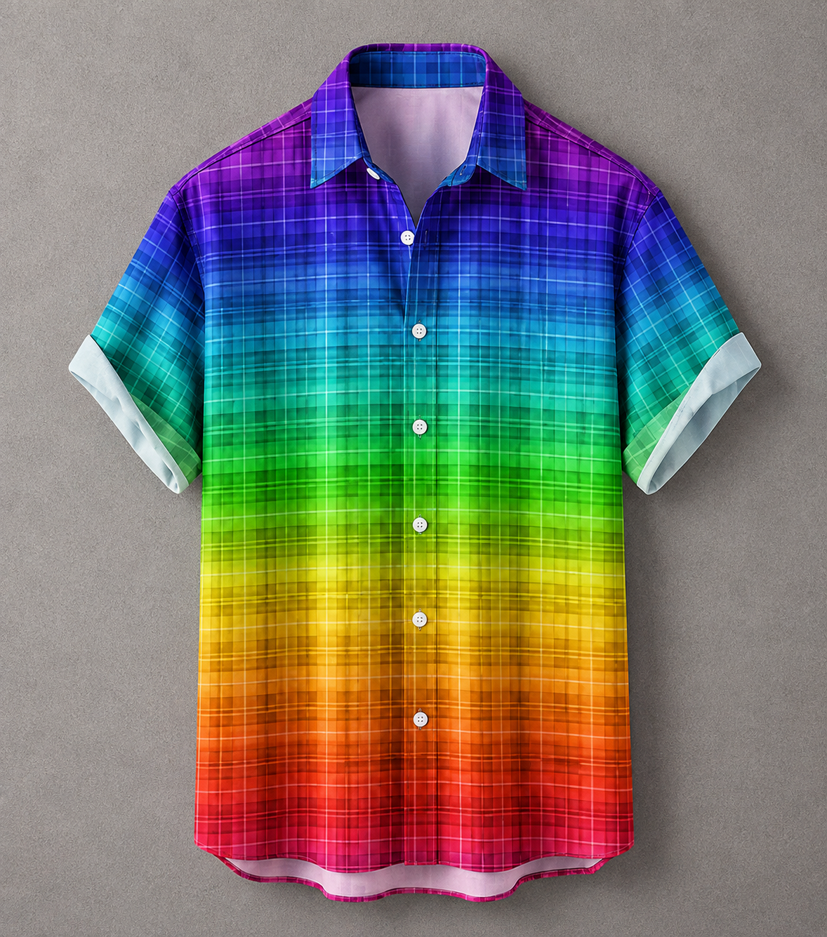 A short-sleeve button-up shirt with a vibrant rainbow gradient plaid pattern, laid flat against a neutral gray background.