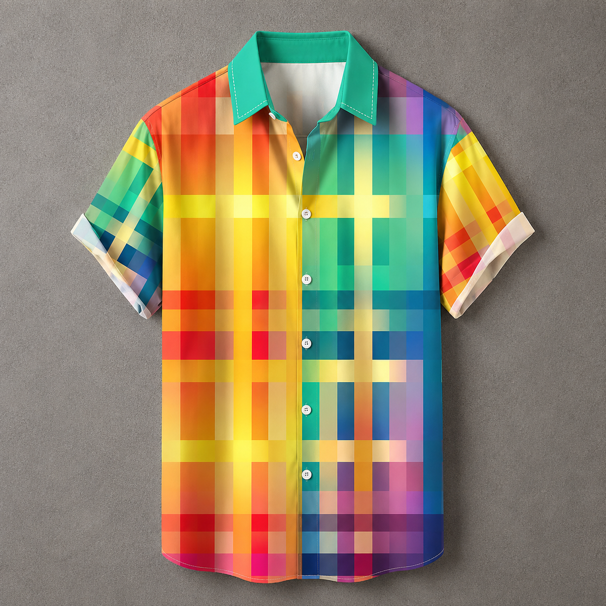 A short-sleeve button-up shirt with a vibrant rainbow pixelated plaid pattern, featuring a bright teal collar, displayed flat against a textured gray background.