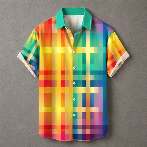 A short-sleeve button-up shirt with a vibrant rainbow pixelated plaid pattern, featuring a bright teal collar, displayed flat against a textured gray background.