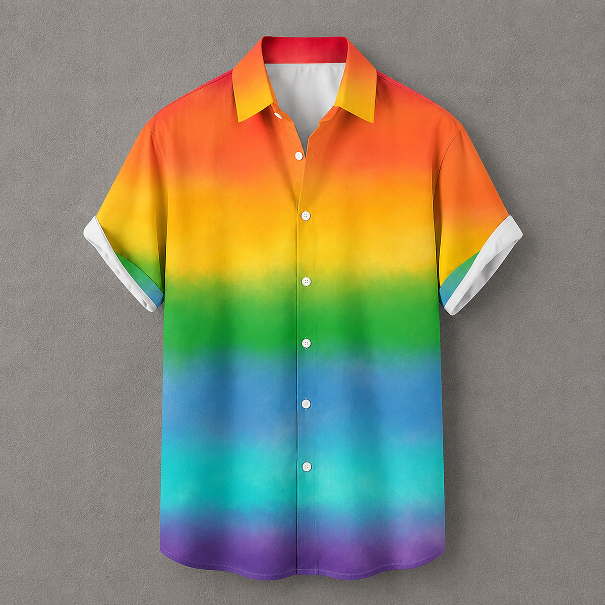 A short-sleeve button-up shirt with a rainbow gradient pattern transitioning from red and orange at the top, through yellow, green, blue, and purple at the bottom, shown on a neutral gray background.