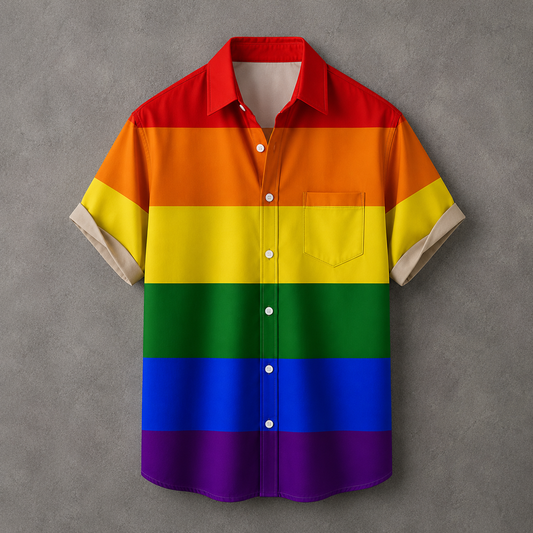 A short-sleeve button-up shirt with horizontal rainbow stripes in red, orange, yellow, green, blue, and purple, displayed against a textured gray background.