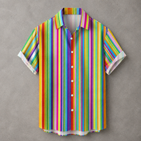 A short-sleeve button-up shirt with a vibrant multicolor vertical stripe pattern, featuring white buttons and a classic collar, displayed against a textured gray background.