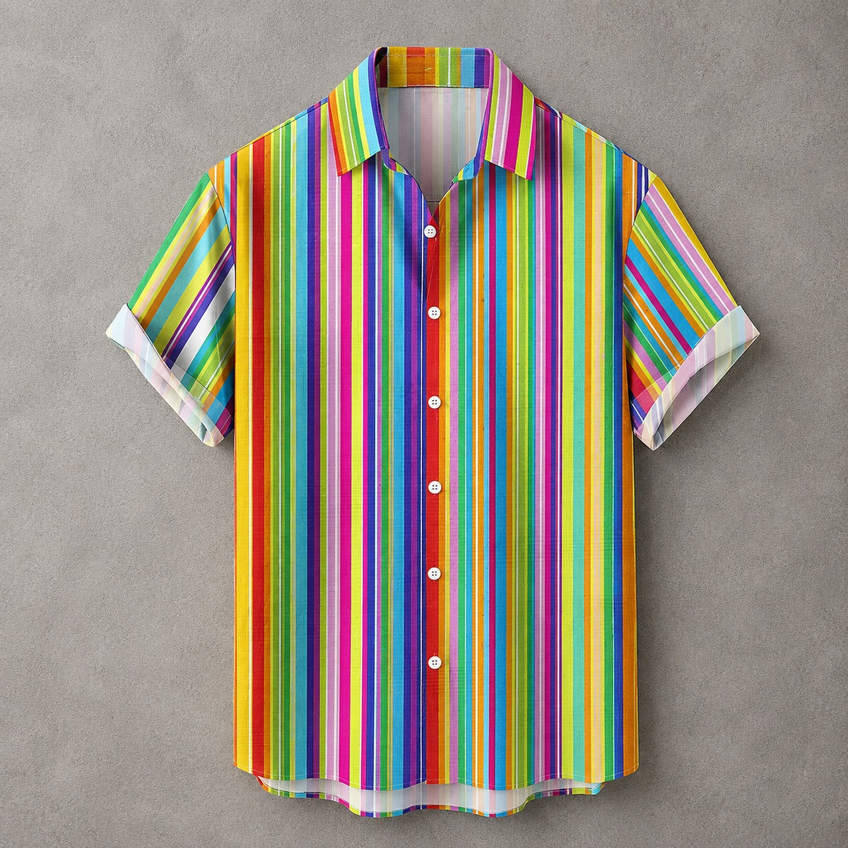 A short-sleeve button-up shirt with a vibrant multicolor vertical stripe pattern, featuring white buttons and a classic collar, displayed against a textured gray background.