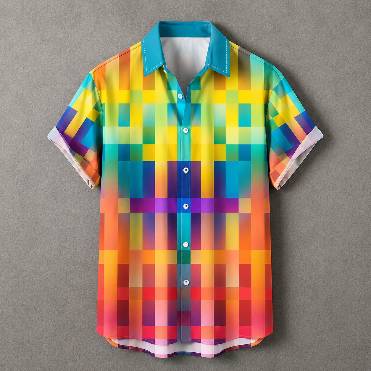 A short-sleeve button-up shirt with a vibrant, multicolor geometric pixelated pattern in shades of yellow, blue, green, orange, red, and purple, displayed flat against a neutral gray background.