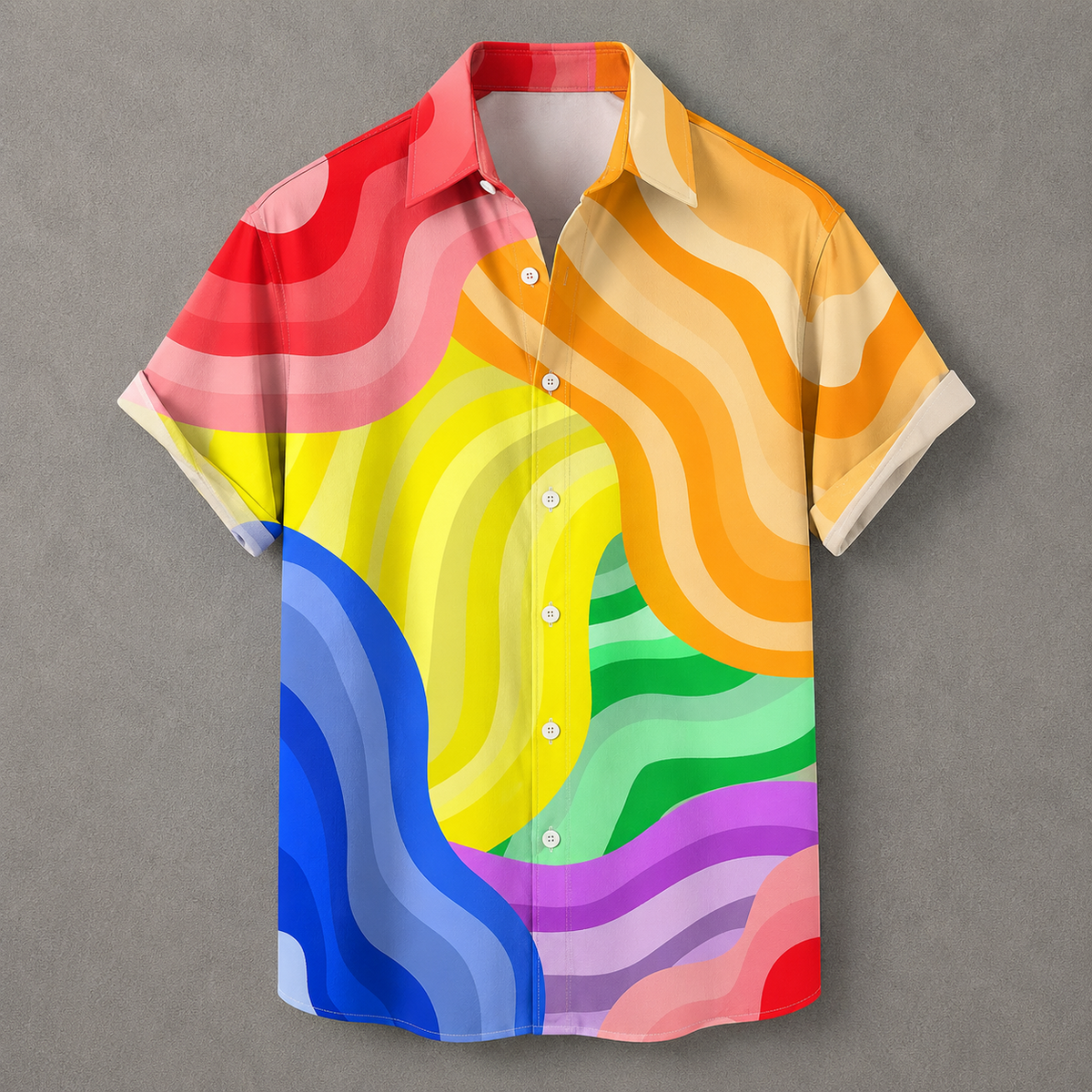 A short-sleeve button-up shirt with a bold retro wavy stripe pattern in multiple colors including red, orange, yellow, green, blue, and purple, displayed against a neutral gray background.