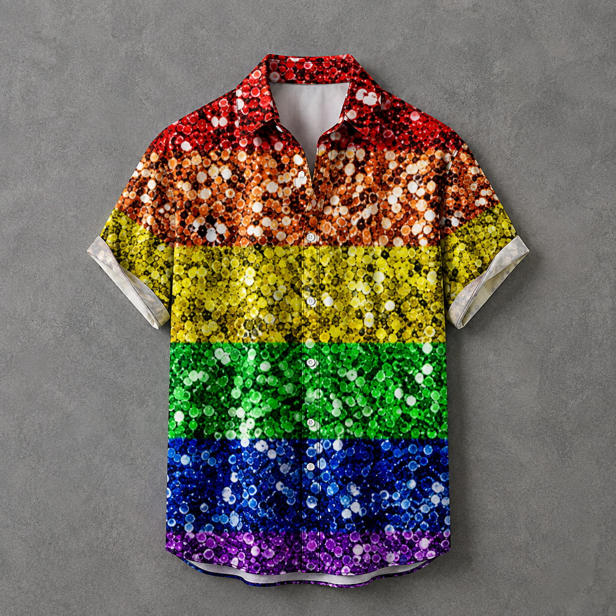 A short-sleeve button-up shirt covered in rainbow sequins, featuring horizontal stripes of red, orange, yellow, green, blue, and purple, displayed flat against a textured gray background.