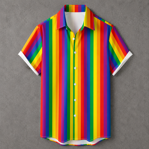 A short-sleeve button-up shirt with a vibrant vertical rainbow stripe pattern, featuring white buttons and white cuffs, displayed against a textured gray background.