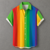 A short-sleeve button-up shirt with vertical rainbow stripes in red, orange, yellow, green, blue, and purple, plus bright green and yellow sleeve panels with white cuffs, shown on a gray background.