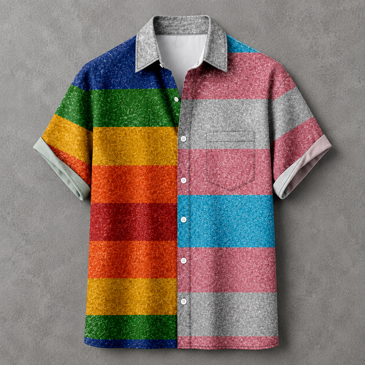 A short-sleeve button-up shirt with a colorful horizontal stripe pattern, featuring a split design of blue, green, yellow, orange, red, pink, and light blue on one side, and gray, pink, and light blue on the other, shown on a textured gray background.