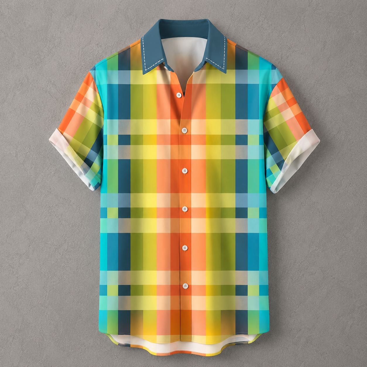 A short-sleeve button-up shirt with a vibrant multicolor plaid pattern featuring shades of yellow, orange, green, blue, and white, displayed against a textured gray background.