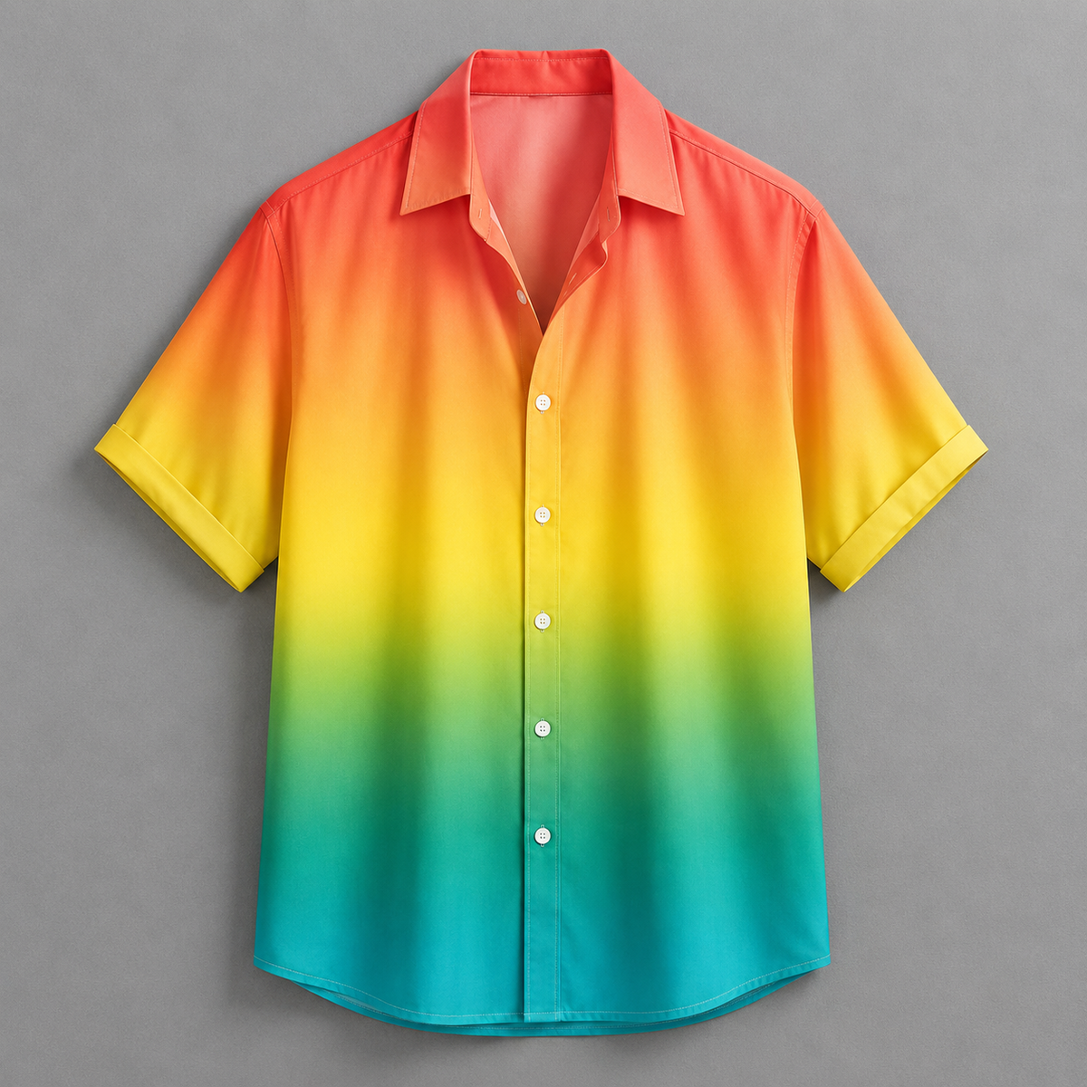 A short-sleeve button-up shirt with a vibrant rainbow gradient transitioning from orange and yellow at the top, through green, to teal blue at the bottom, displayed flat against a neutral gray background.