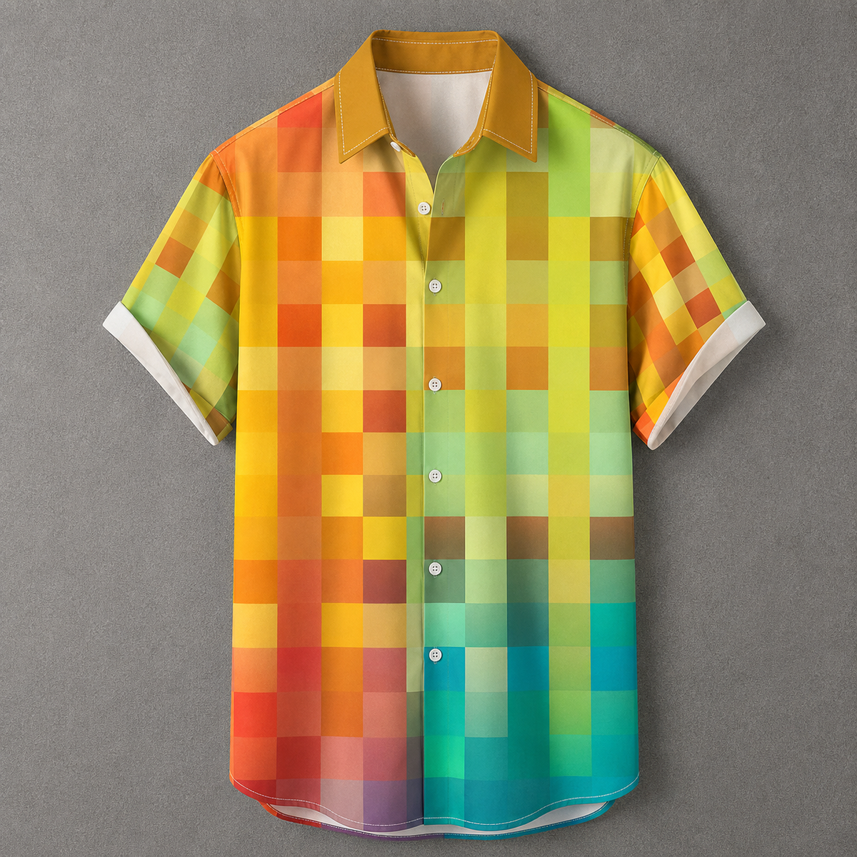 A short-sleeve button-up shirt with a vibrant pixelated color-block pattern transitioning from warm yellow, orange, and red on the left side to green, teal, and purple on the right, displayed on a neutral gray background.