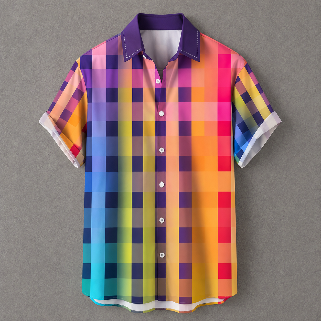 A short-sleeve button-up shirt with a vibrant multicolor pixelated plaid pattern, featuring a purple collar and white buttons, displayed against a neutral gray background.