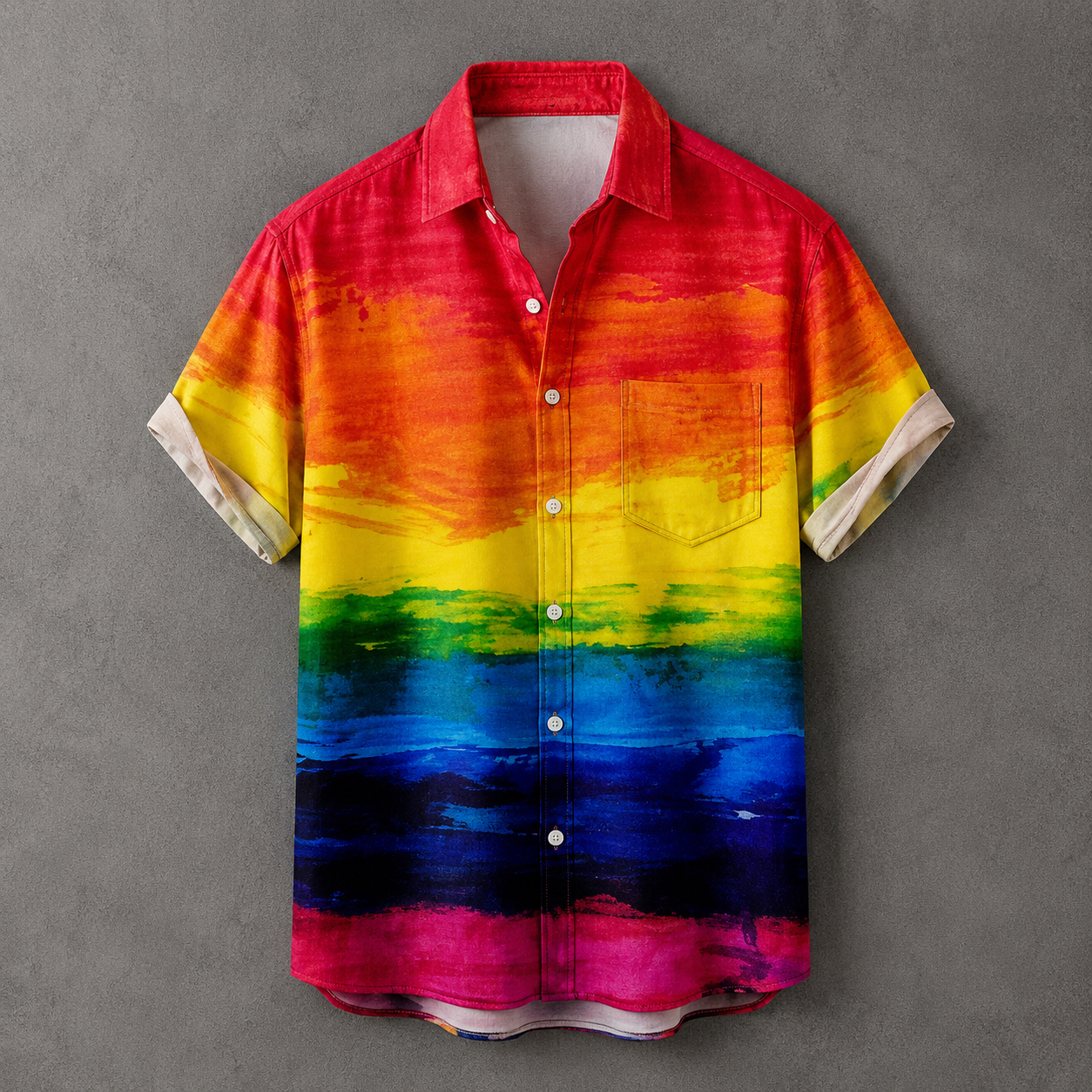 A short-sleeve button-up shirt with a vibrant rainbow watercolor print, featuring a red, orange, yellow, green, blue, and pink gradient design, displayed against a textured gray background.