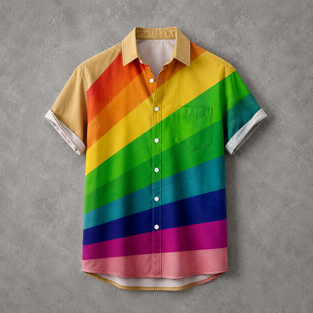 A short-sleeve button-up shirt with a diagonal rainbow stripe pattern in yellow, orange, red, green, teal, blue, purple, pink, and beige, laid flat on a textured gray background.