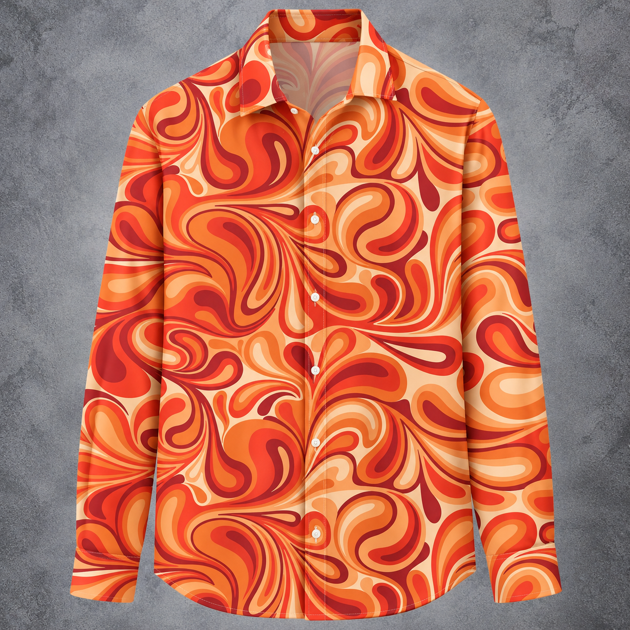 A long-sleeve button-up shirt with a bold retro 1970s psychedelic swirl pattern in orange, red, and cream, displayed against a textured gray background.