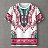 A white short-sleeve t-shirt with a vibrant African dashiki print in pink, teal, and black, displayed flat against a textured gray background.
