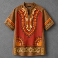 A short-sleeve dashiki tunic shirt with a brown base and a vibrant red-orange central panel decorated with intricate yellow, orange, and gold geometric patterns, laid flat on a textured gray background.