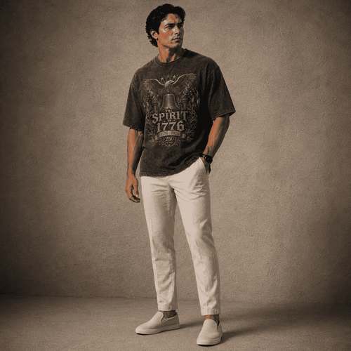 Man wearing a graphic t-shirt and light-colored pants against a textured brown background