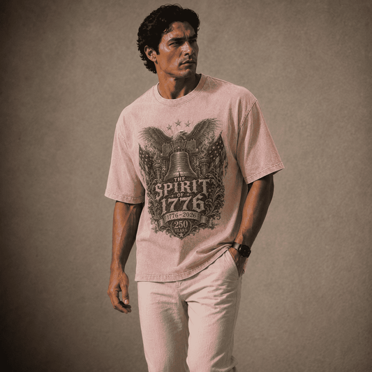 Man wearing a pink t-shirt with a graphic design on a brown background