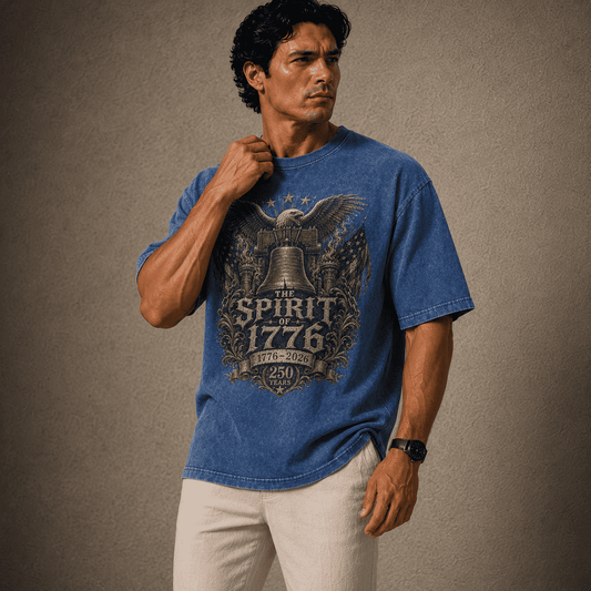 Man wearing a blue t-shirt with a graphic design on a brown background