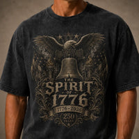 Black t-shirt with 'The Spirit of 1776' design featuring an eagle and bell on a neutral background.