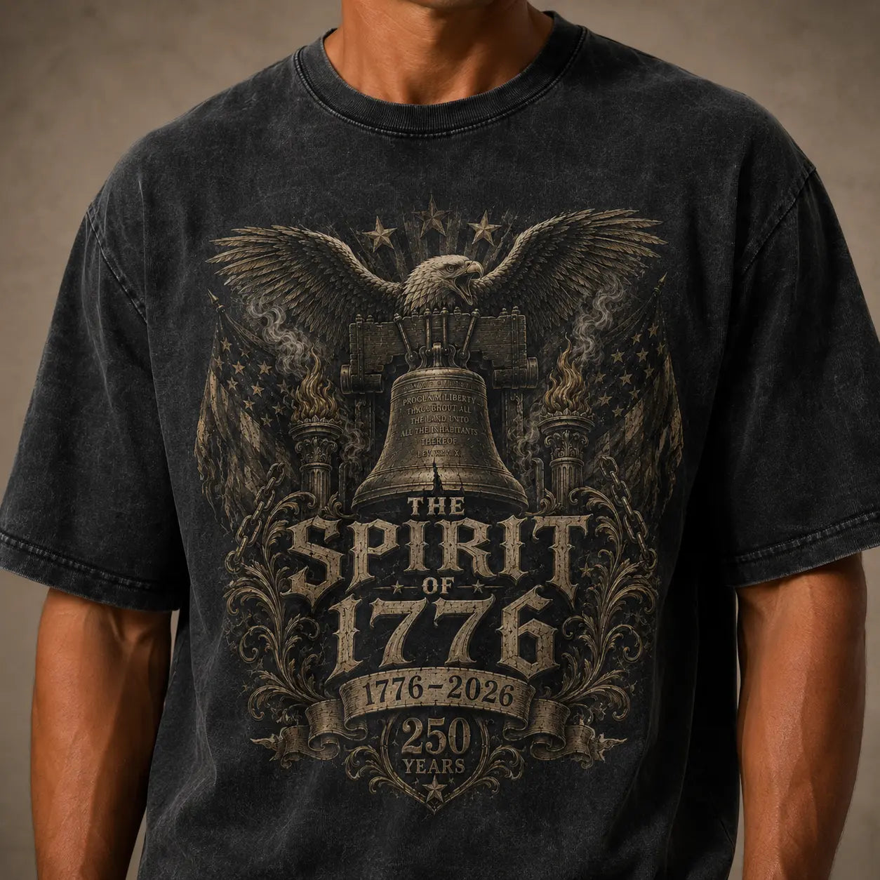 Black t-shirt with 'The Spirit of 1776' design featuring an eagle and bell on a neutral background.